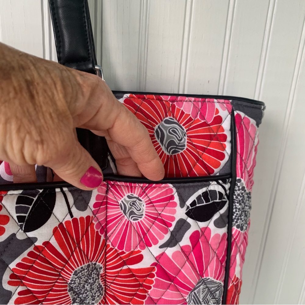 Vera Bradley Pink & Red, Gray, Black & White Floral Tote Bag w/Leather Handles - Picture 6 of 12